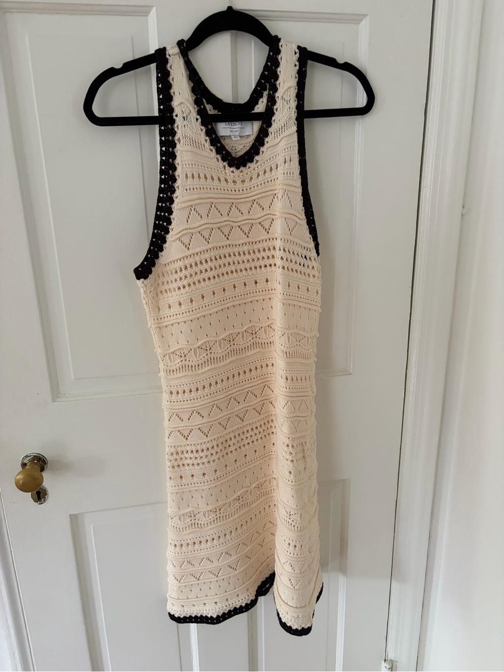 La Ligne Mallory Crochet Minu Knit Tank Dress in Cream with Black Trim